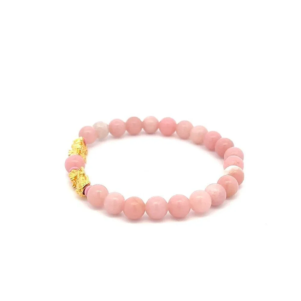 18K Gold Dragon Pixiu Double Piyao Lucky Charm Bracelet Gemstones Pink Opal 6mm - Picture 3 of 7